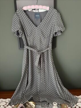 ModCloth Gray Polka Dot Midi Dress with Tie Waist